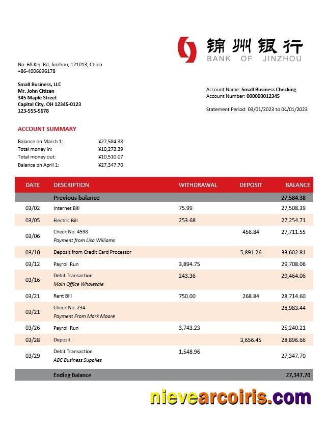 Bank of Jinzhou organization account statement